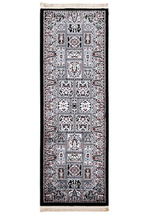 Full view of Black Machine Woven Classic Art Silk Runner Rug with light blue panels and floral geometric motifs