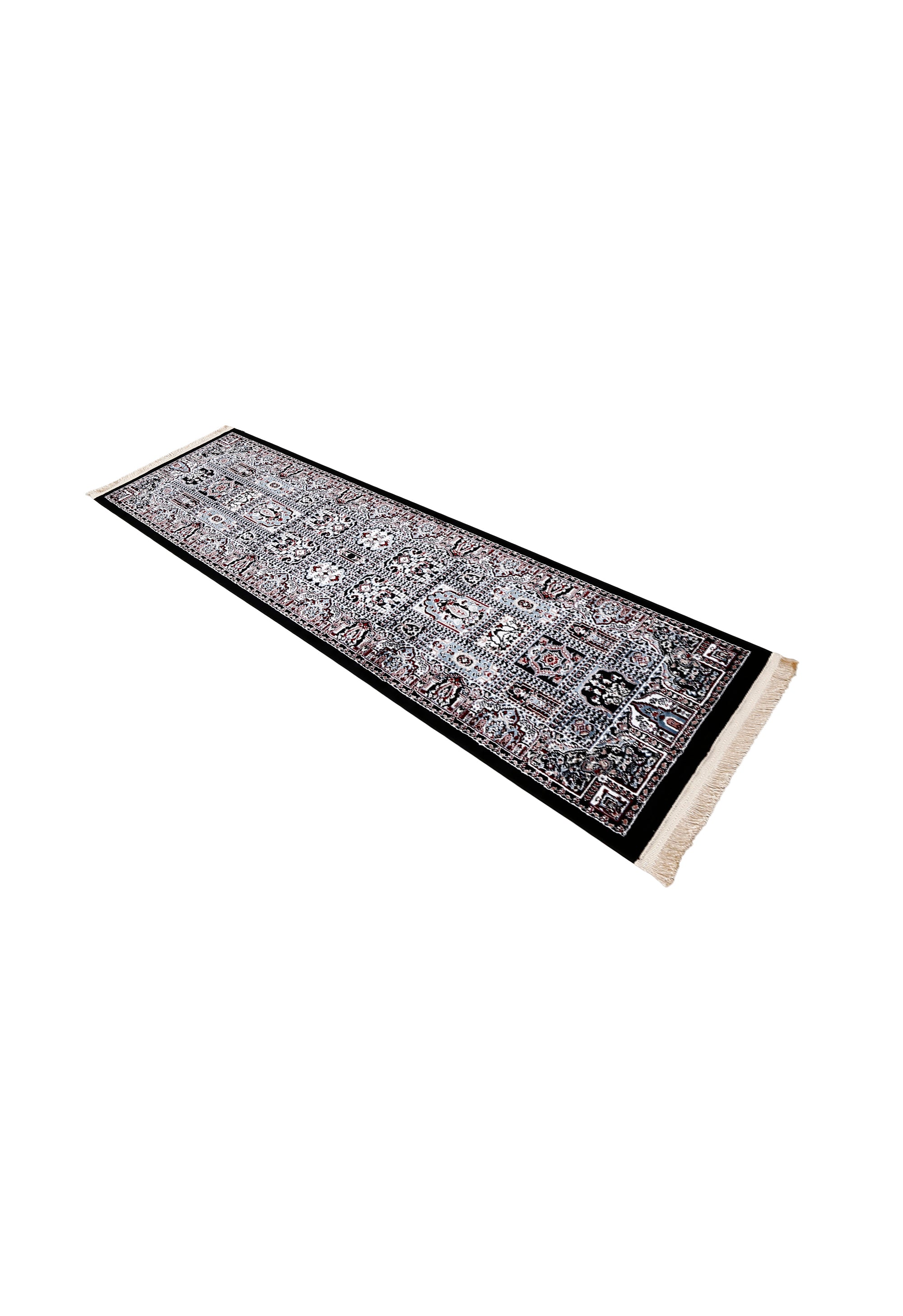 Side angle view of Black Panel Pattern Machine Woven Classic Art Silk Runner Rug by Khushi Living