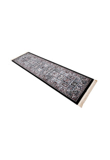 Side angle view of Black Panel Pattern Machine Woven Classic Art Silk Runner Rug by Khushi Living