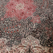 Close-up texture of Black Machine Woven Classic Art Silk Rug showing intricate floral motifs and smooth Art Silk surface