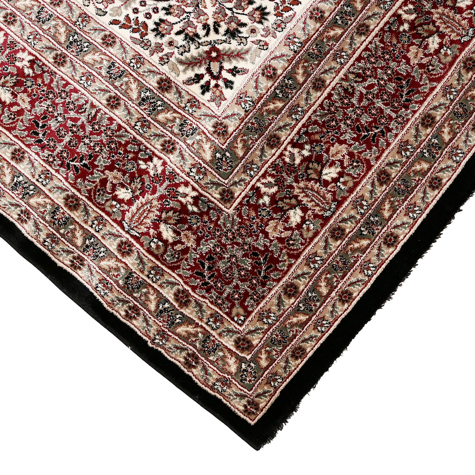 Corner and edge detail of Black Red Floral Medallion Machine Woven Classic Art Silk Rug with red floral border