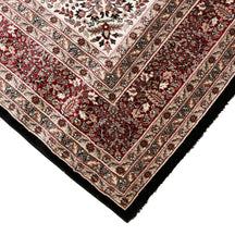 Corner and edge detail of Black Red Floral Medallion Machine Woven Classic Art Silk Rug with red floral border
