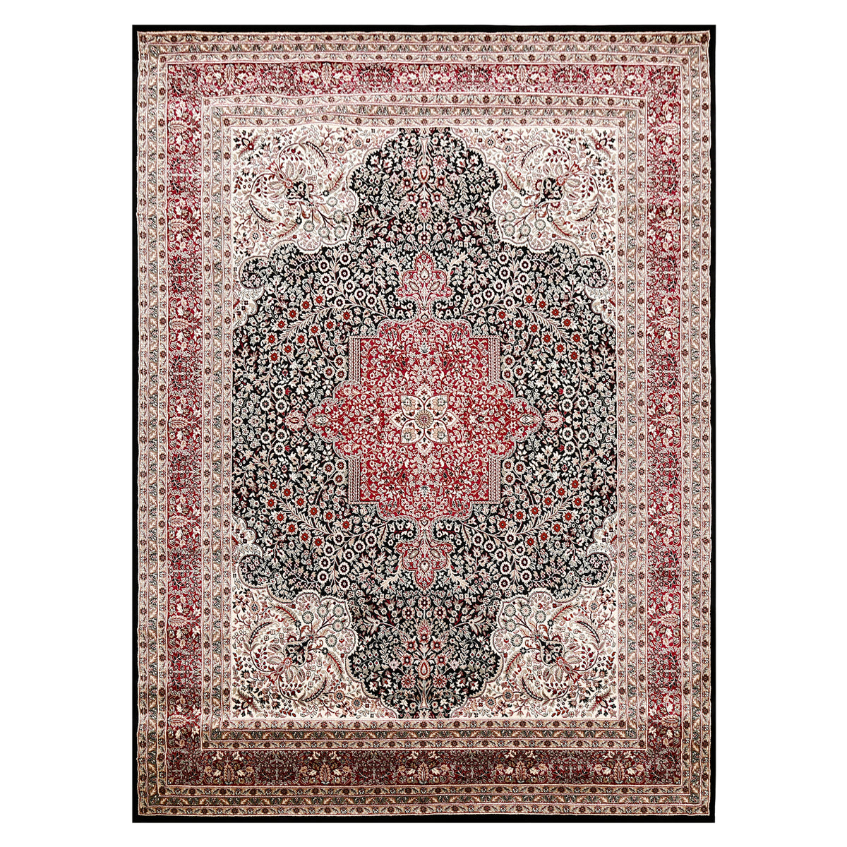 Full view of Black Machine Woven Classic Art Silk Rug with rich red floral medallion and layered ornamental borders