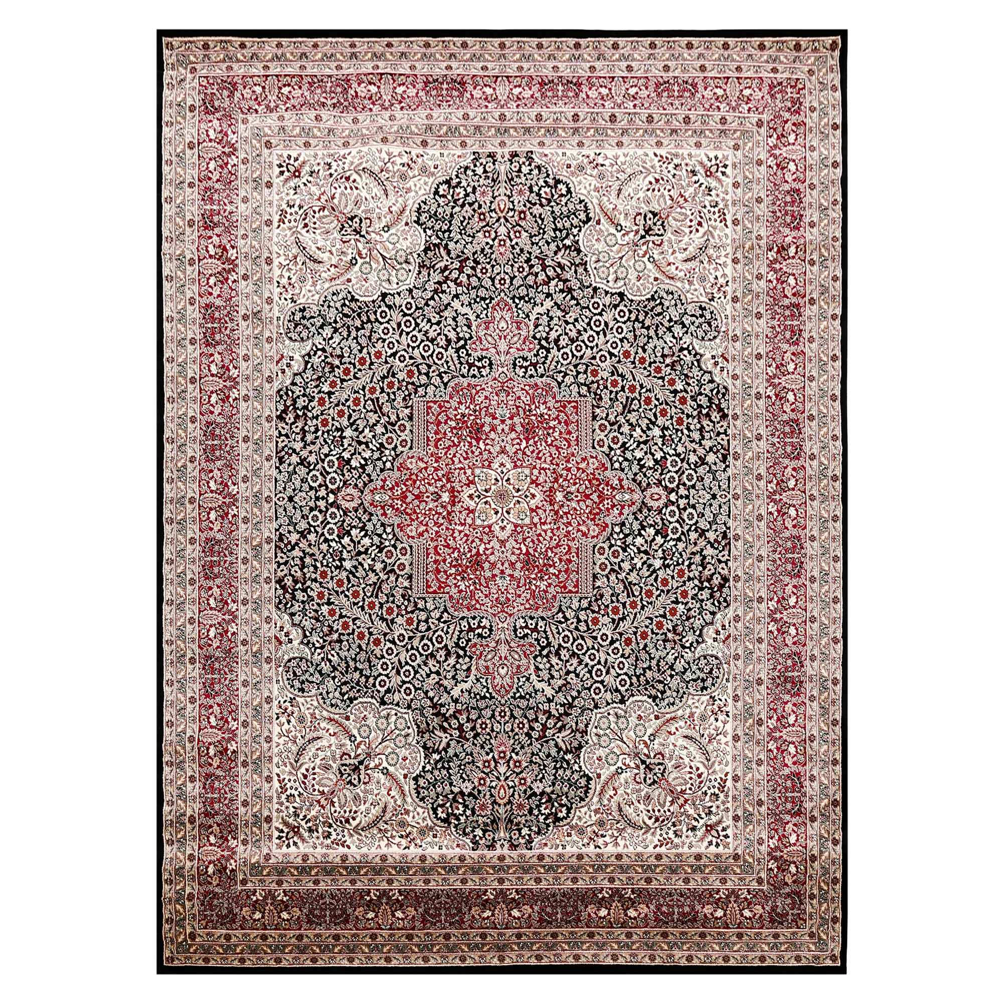 Full view of Black Machine Woven Classic Art Silk Rug with rich red floral medallion and layered ornamental borders