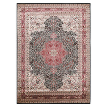 Full view of Black Machine Woven Classic Art Silk Rug with rich red floral medallion and layered ornamental borders