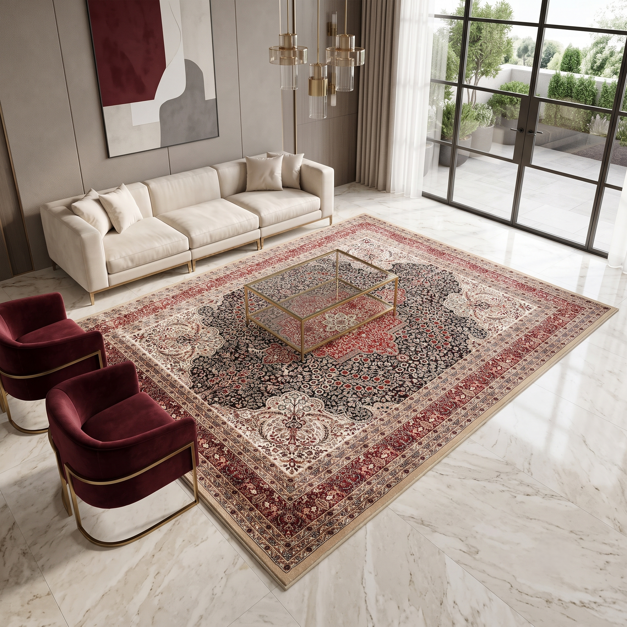 Black Red Floral Medallion Machine Woven Classic Art Silk Rug styled in an elegant interior by Khushi Living