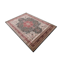Side angle view of Black Red Floral Medallion Machine Woven Classic Art Silk Rug by Khushi Living