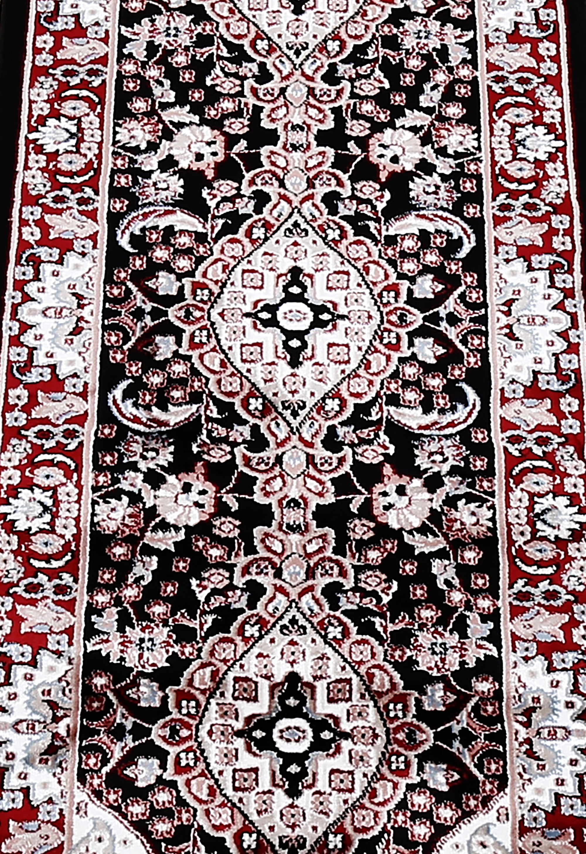 Close-up texture of Black Machine Woven Classic Art Silk Runner Rug showing floral medallion details and smooth Art Silk surface