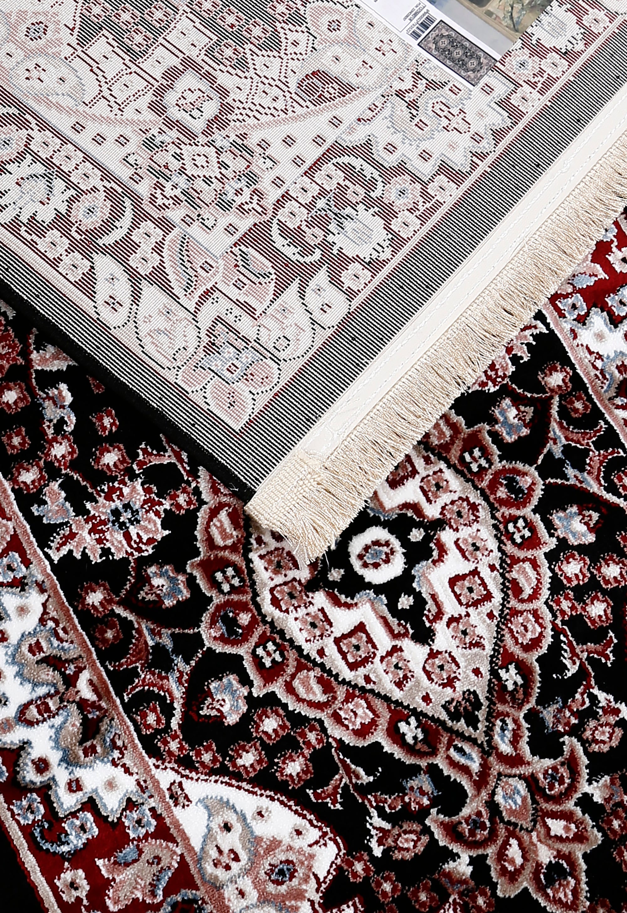 Corner and fringed edge detail of Black Triple Medallion Machine Woven Classic Art Silk Runner Rug