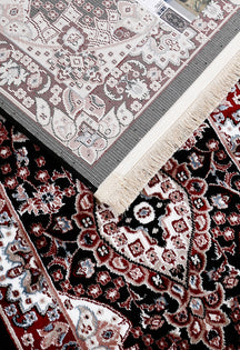 Corner and fringed edge detail of Black Triple Medallion Machine Woven Classic Art Silk Runner Rug