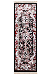 Full view of Black Machine Woven Classic Art Silk Runner Rug with triple ivory medallions and rich red floral border