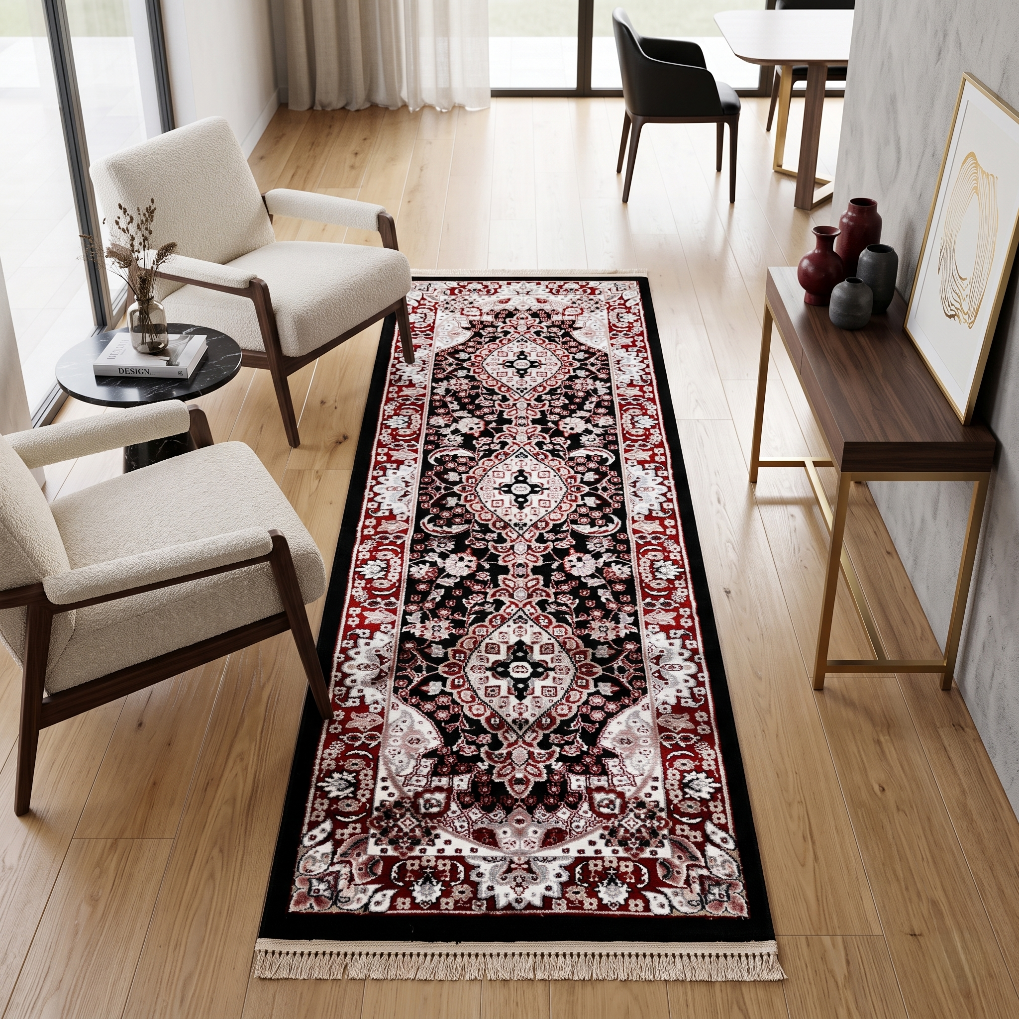 Black Triple Medallion Machine Woven Classic Art Silk Runner Rug styled in an elegant hallway by Khushi Living