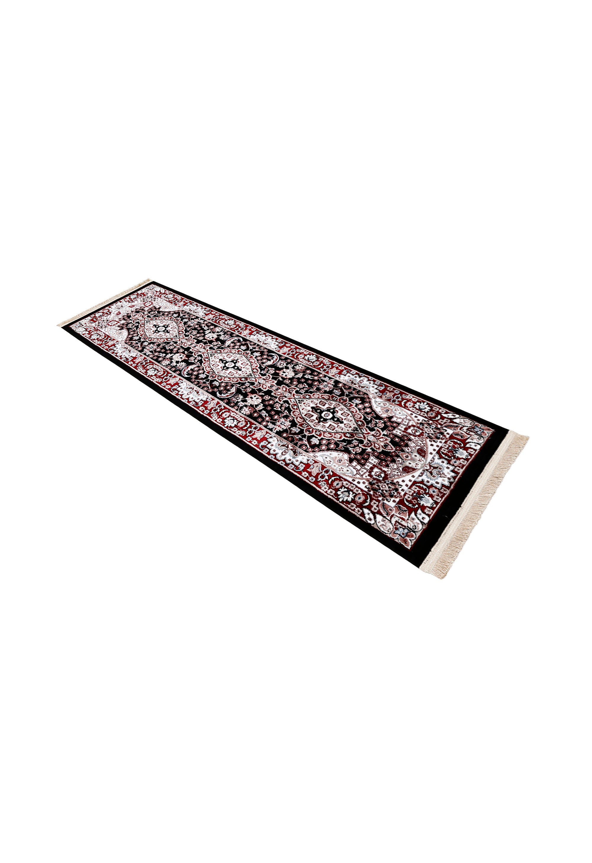 Side angle view of Black Triple Medallion Machine Woven Classic Art Silk Runner Rug by Khushi Living