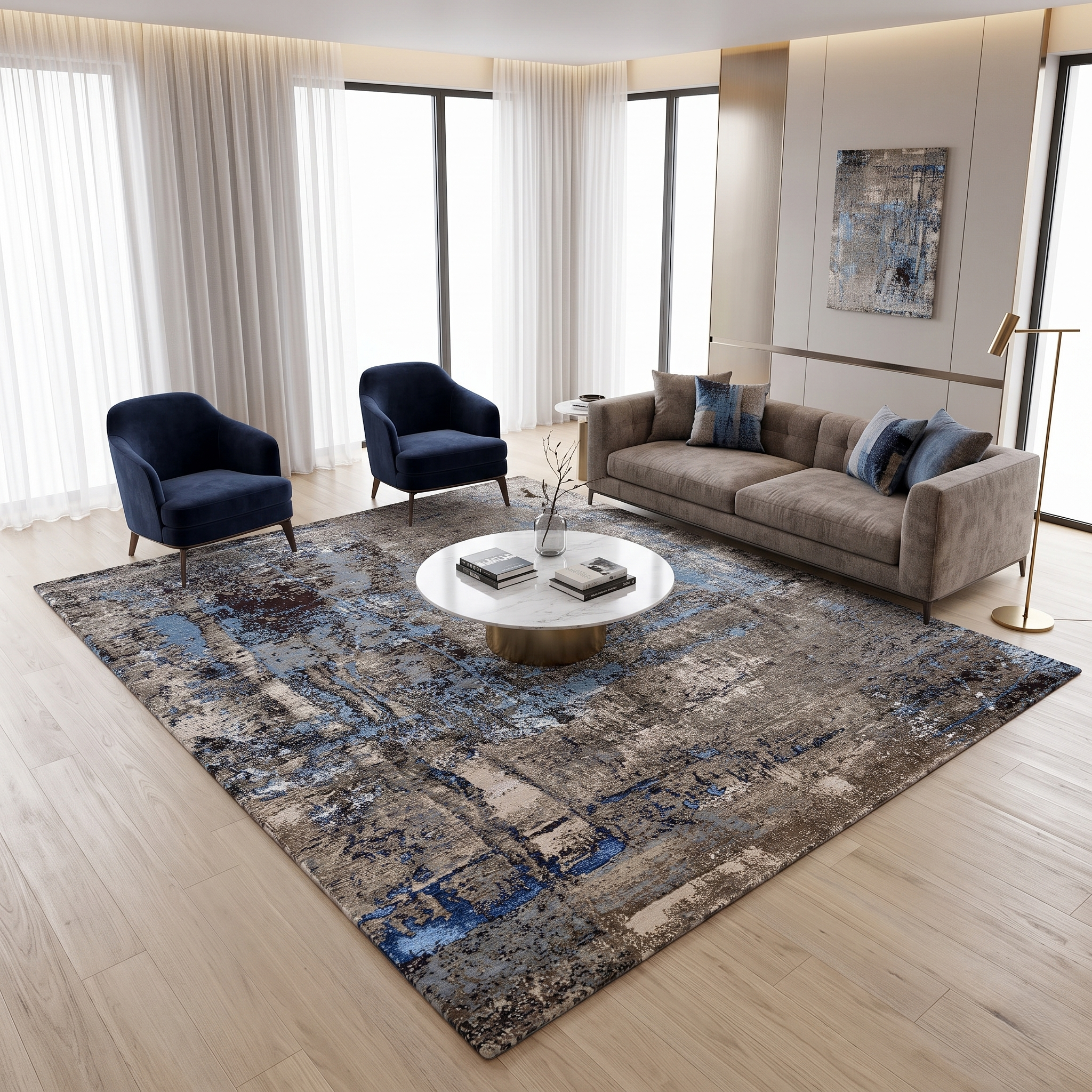 Blue Slate Terrain hand knotted modern wool and viscose rug displayed in a contemporary luxury living room