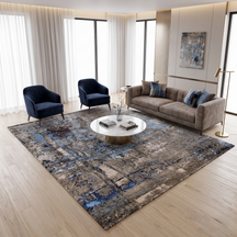 Blue Slate Terrain hand knotted modern wool and viscose rug displayed in a contemporary luxury living room