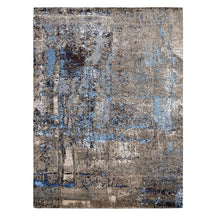 Blue Slate Terrain hand knotted modern rug in taupe beige slate blue charcoal and brown abstract distressed design