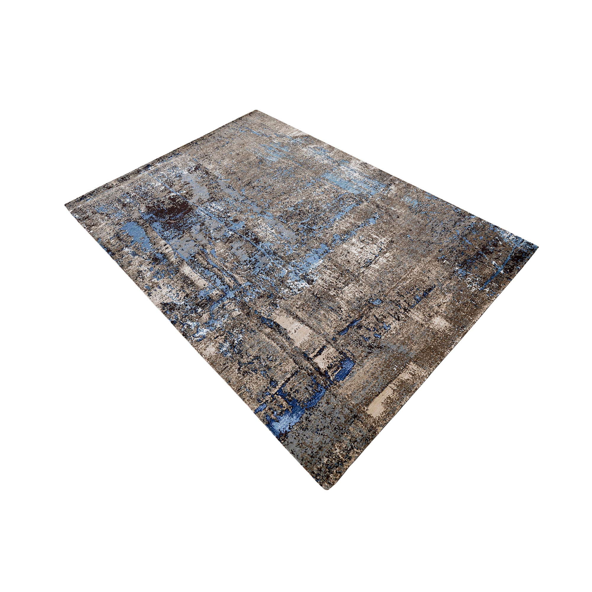 Blue Slate Terrain hand knotted modern rug in taupe beige slate blue charcoal and brown abstract distressed design