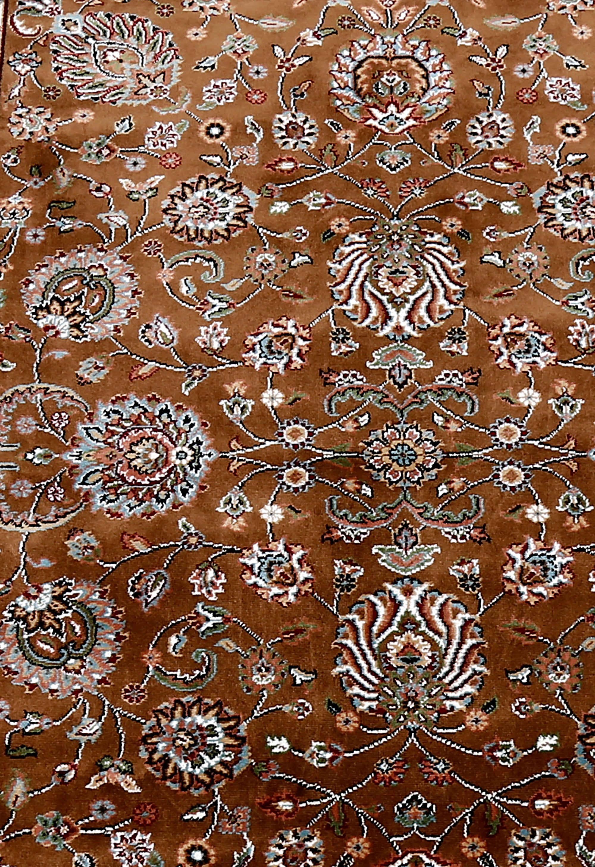 Close-up texture of Brown Machine Woven Classic Art Silk Rug showing intricate floral motifs and smooth Art Silk surface