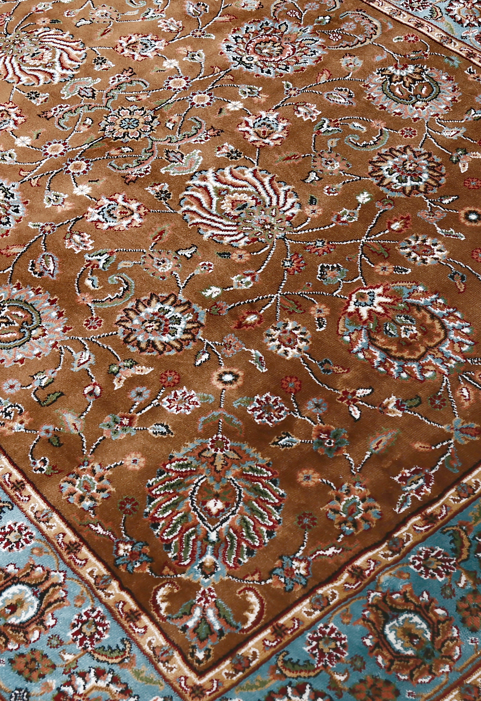 Close-up texture of Brown Machine Woven Classic Art Silk Rug showing intricate floral motifs and smooth Art Silk surface