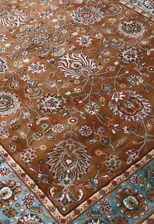 Close-up texture of Brown Machine Woven Classic Art Silk Rug showing intricate floral motifs and smooth Art Silk surface