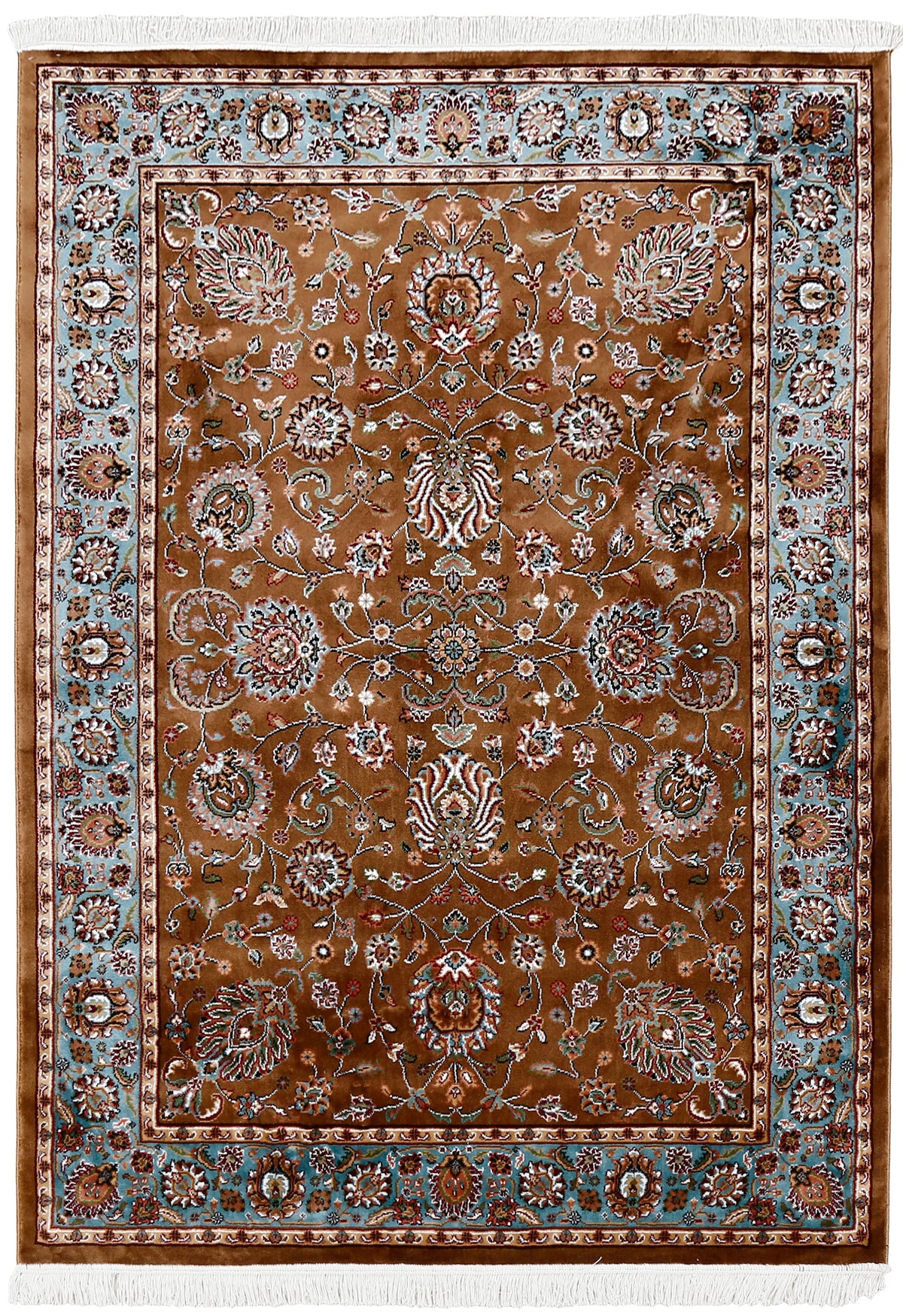 Full view of Brown Machine Woven Classic Art Silk Rug with intricate floral pattern and blue ornamental border