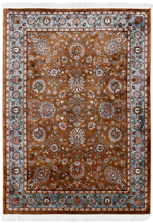 Full view of Brown Machine Woven Classic Art Silk Rug with intricate floral pattern and blue ornamental border