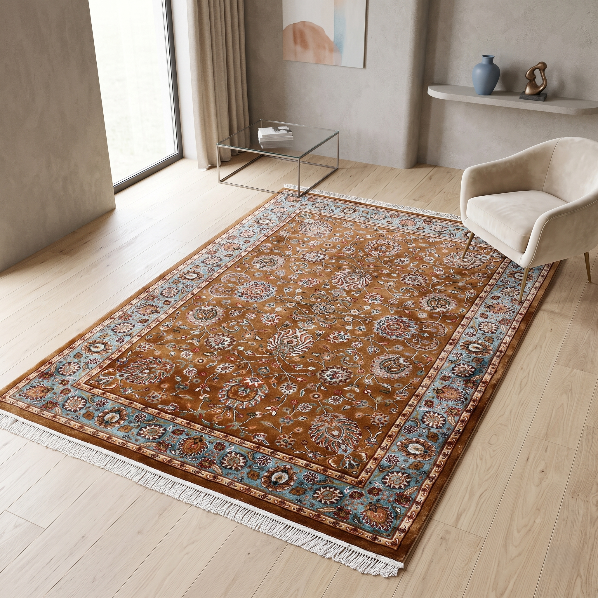 Brown Floral Machine Woven Classic Art Silk Rug styled in an elegant interior by Khushi Living