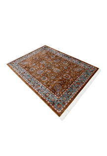 Side angle view of Brown Floral Machine Woven Classic Art Silk Rug by Khushi Living