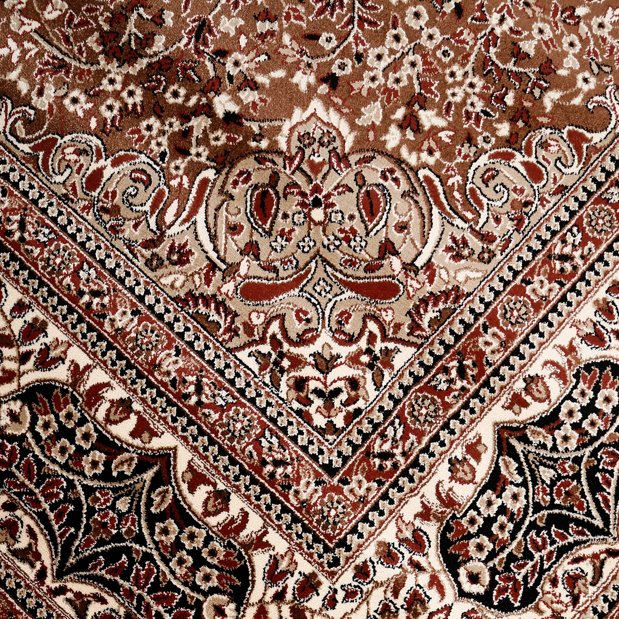 Close-up texture of Brown Machine Woven Classic Art Silk Rug showing intricate floral motifs and smooth Art Silk surface