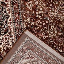 Corner and edge detail of Brown Floral Medallion Machine Woven Classic Art Silk Rug with ivory ornamental border