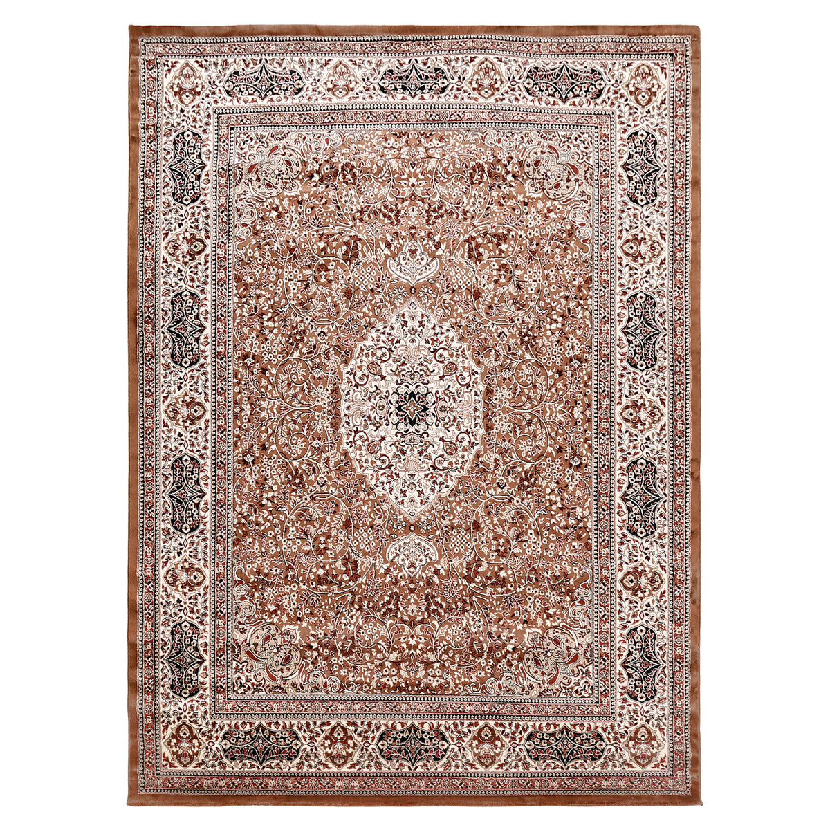 Full view of Brown Machine Woven Classic Art Silk Rug with ivory floral medallion and ornamental border