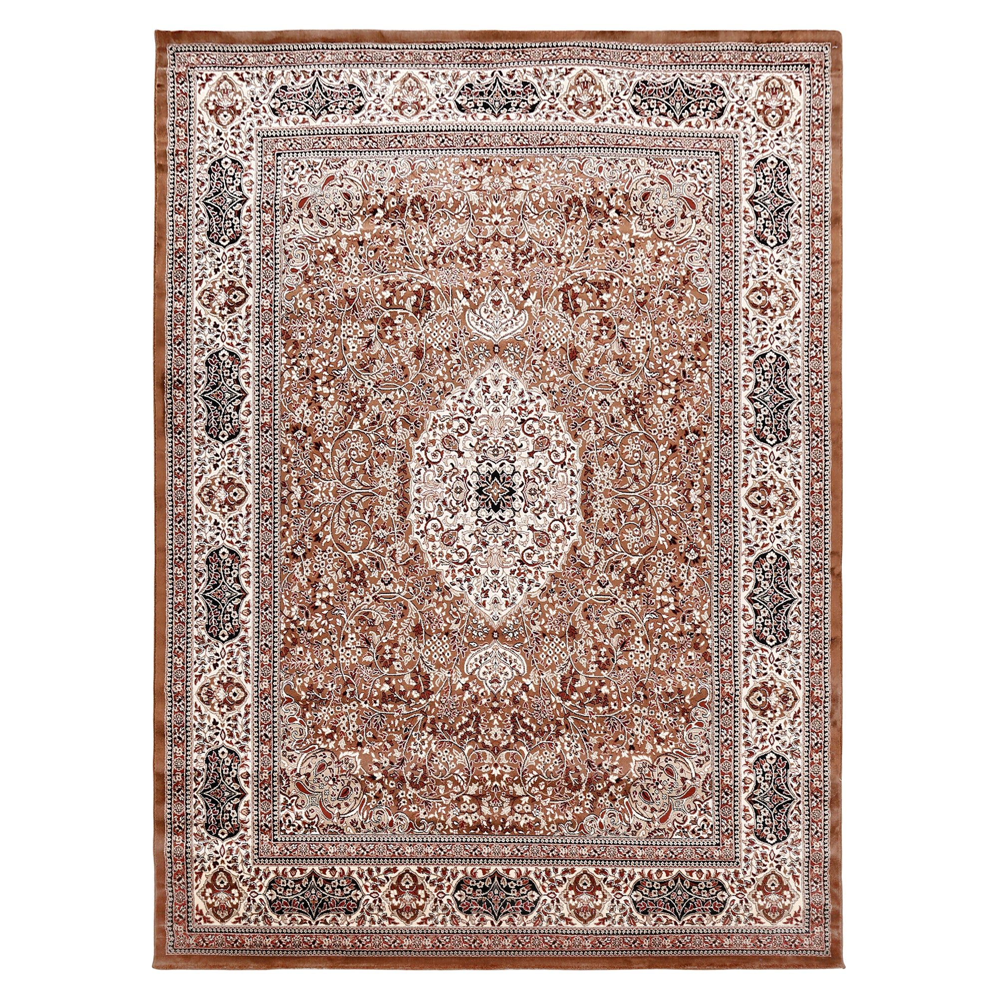 Full view of Brown Machine Woven Classic Art Silk Rug with ivory floral medallion and ornamental border