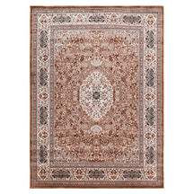 Full view of Brown Machine Woven Classic Art Silk Rug with ivory floral medallion and ornamental border