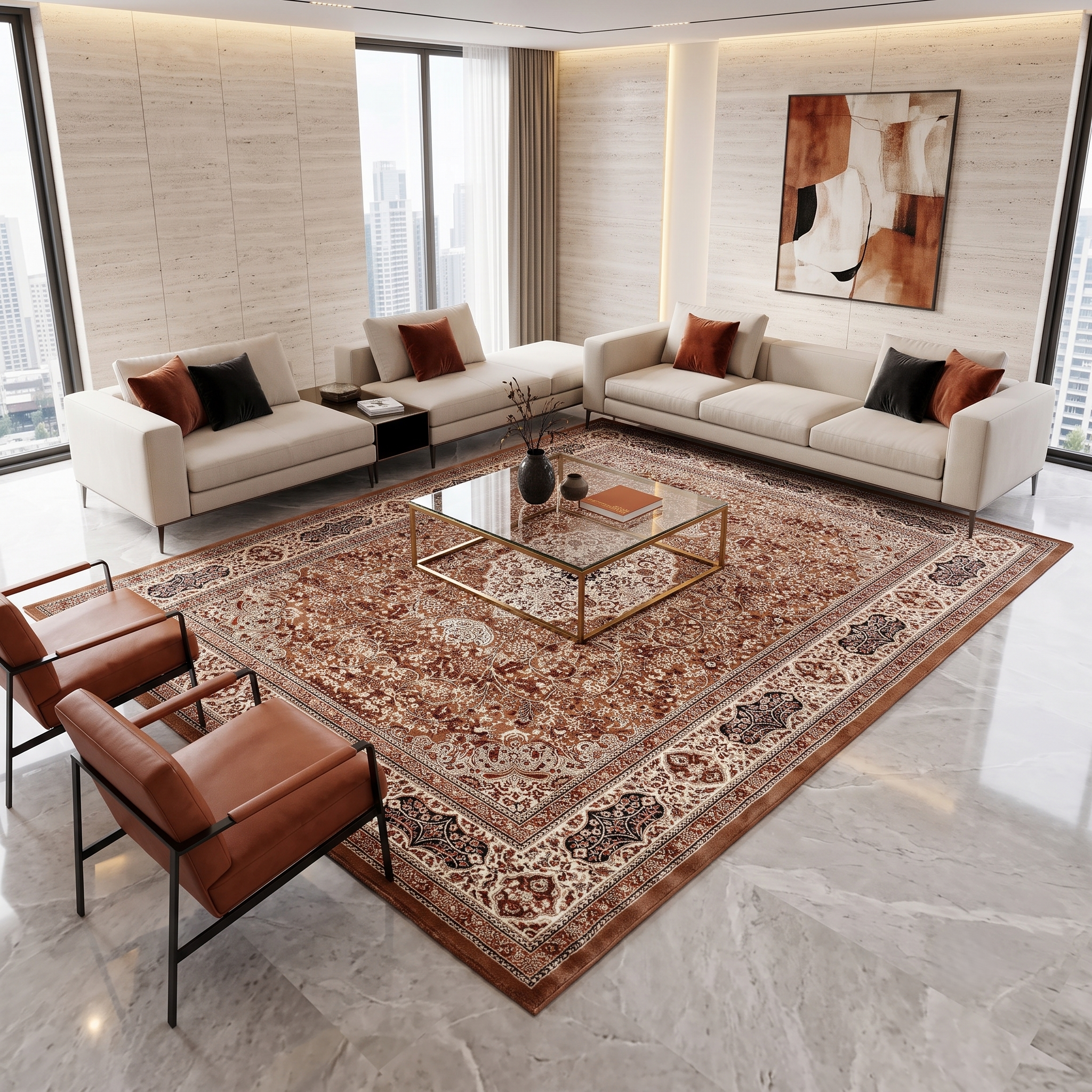 Brown Floral Medallion Machine Woven Classic Art Silk Rug styled in an elegant interior by Khushi Living