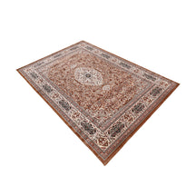 Side angle view of Brown Floral Medallion Machine Woven Classic Art Silk Rug by Khushi Living