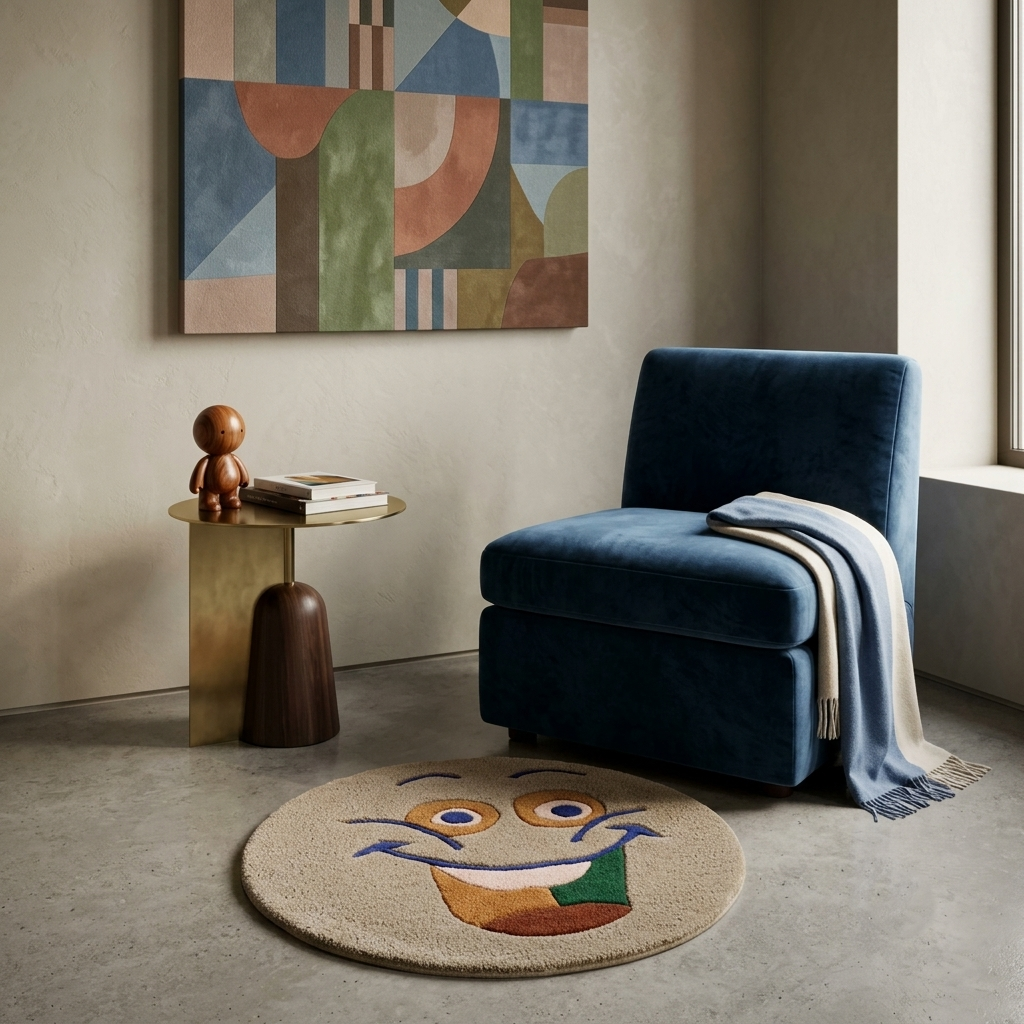Brown happy face hand tufted wool kids rug styled in a playful children’s bedroom with modern furniture and colourful decor.