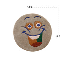 Close-up of brown happy face hand tufted wool kids rug highlighting its soft wool texture, plush pile and raised colourful facial details.