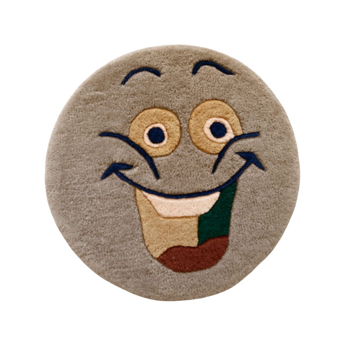 Full view of brown round hand tufted wool kids rug featuring a cheerful smiley face with navy blue, beige, cream, green and rust details.