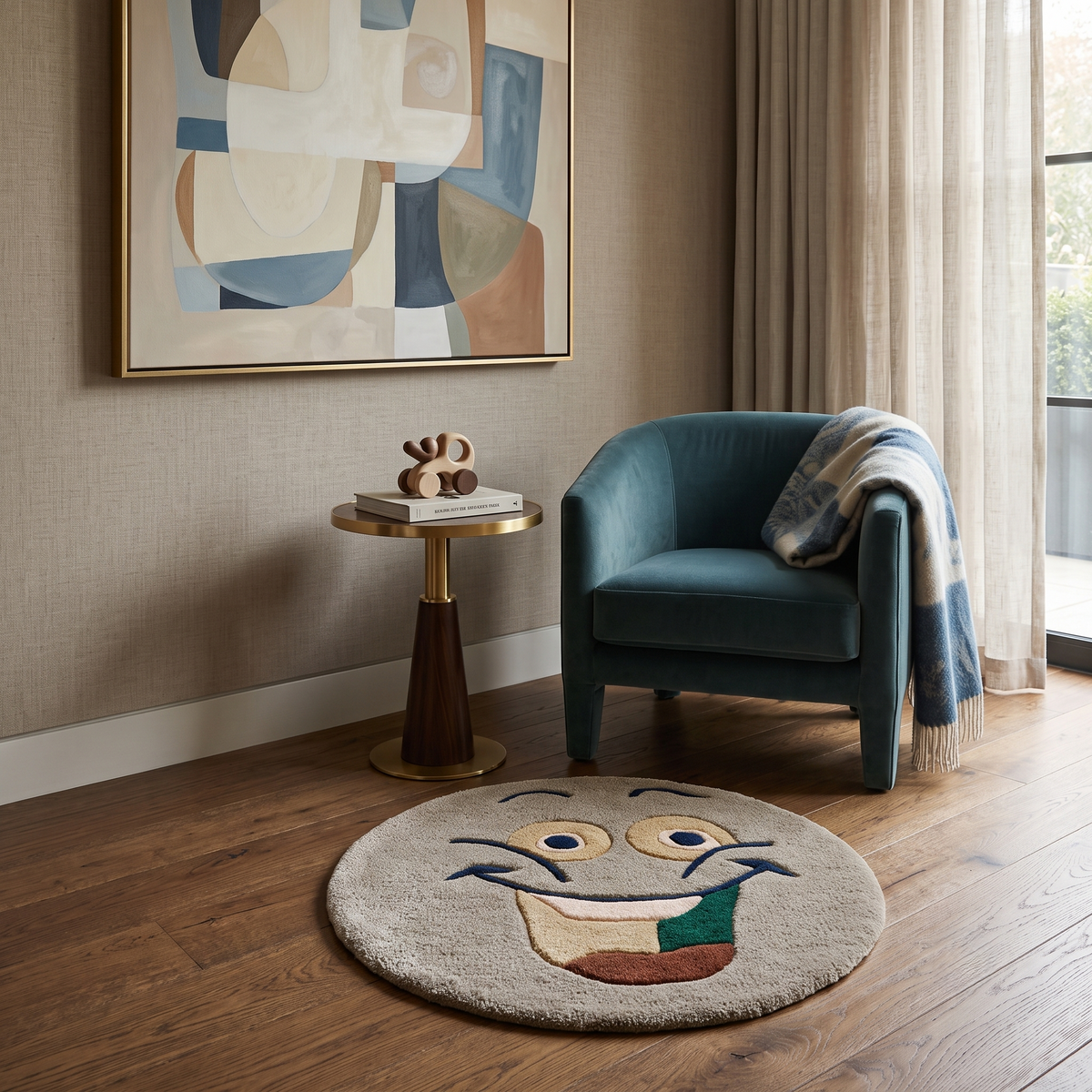 Brown smiley face hand tufted wool kids rug styled in a playful children’s bedroom with modern furniture and colourful decor.