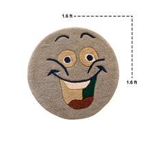 Close-up of brown smiley face hand tufted wool kids rug highlighting its soft wool texture, plush pile and raised colourful facial details.