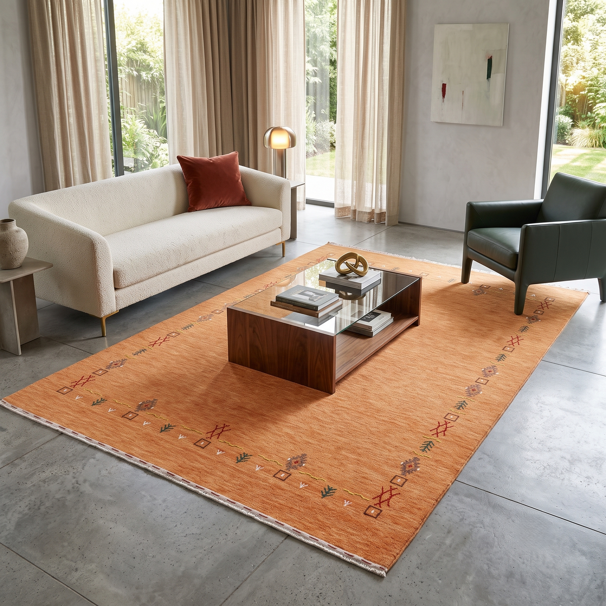 Burnt orange Hand Woven Loom Lori wool rug with minimal tribal border styled in a warm contemporary living room