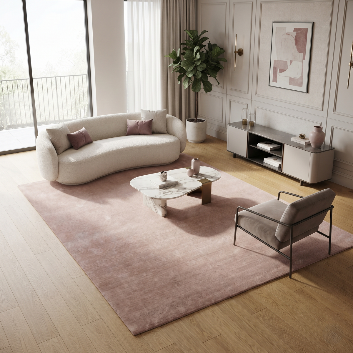 Camel hand woven Loom Lori wool rug styled in a modern living room with a cream curved sofa, marble coffee table, wooden flooring and soft neutral decor.