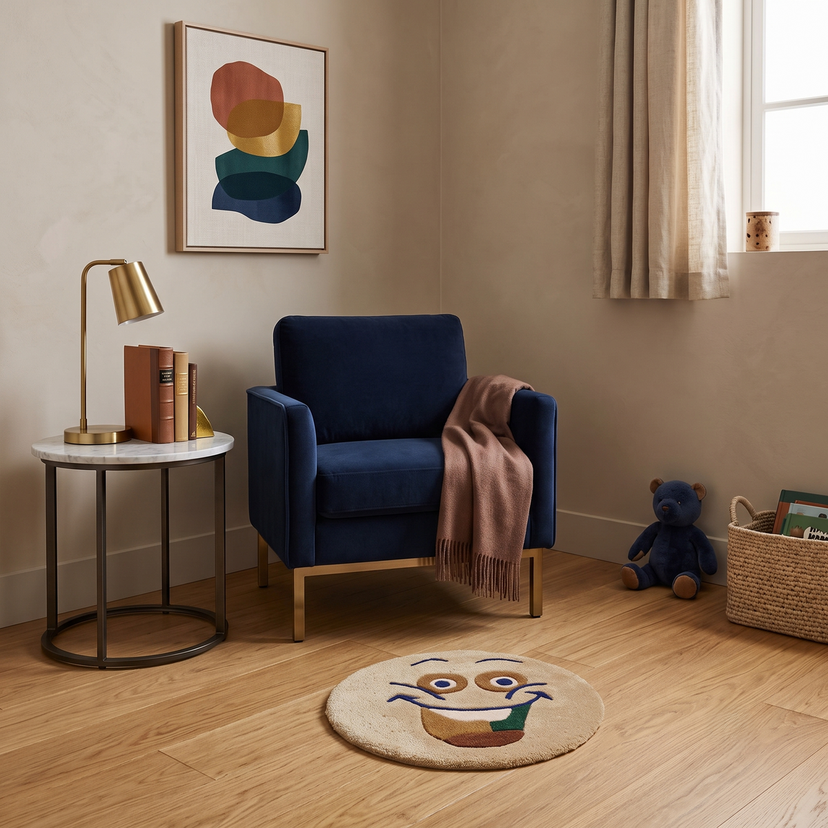 Camel smiley face hand tufted wool kids rug styled in a playful children’s bedroom with modern furniture and colourful decor.