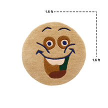 Close-up of camel smiley face hand tufted wool kids rug highlighting its soft wool texture, plush pile and raised colourful facial details.