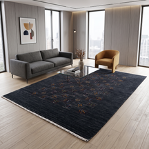 Charcoal black Hand Woven Loom Lori wool rug with central tribal motif panels styled in a sophisticated modern living room