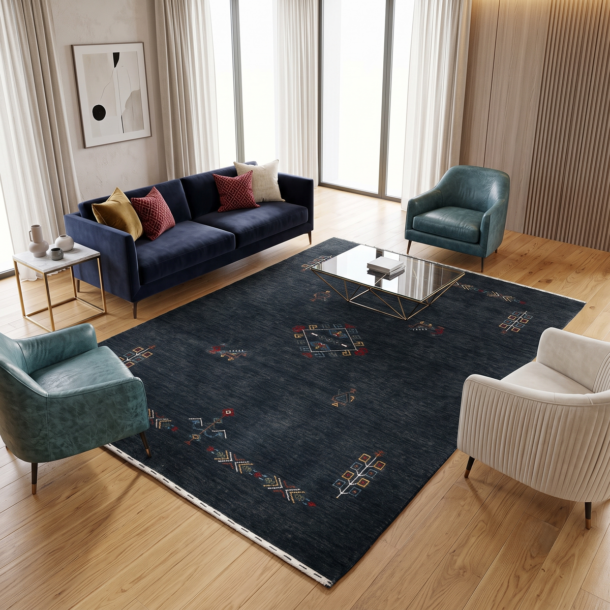 Charcoal black Hand Woven Loom Lori wool rug with central diamond tribal medallion styled in a sophisticated living room
