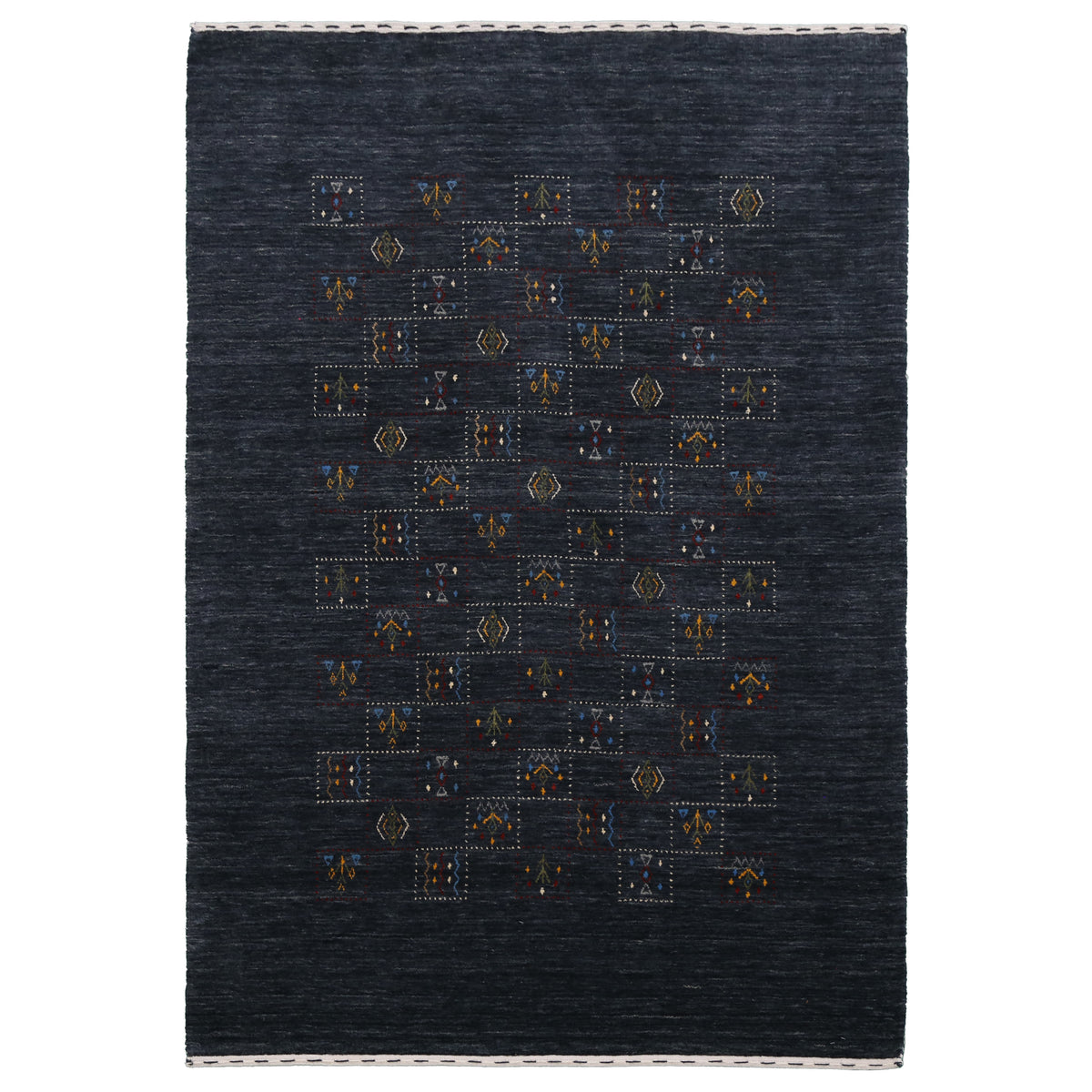 Full view of charcoal black Hand Woven Loom Lori wool rug with minimal stepped central tribal motif composition