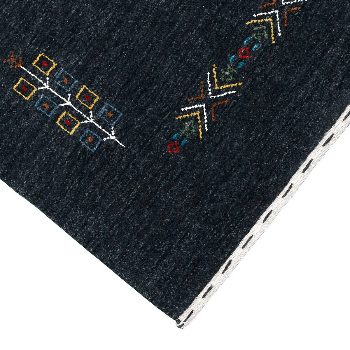 Corner and edge detail of charcoal black Hand Woven Loom Lori wool rug showing handcrafted finish and geometric tribal motifs