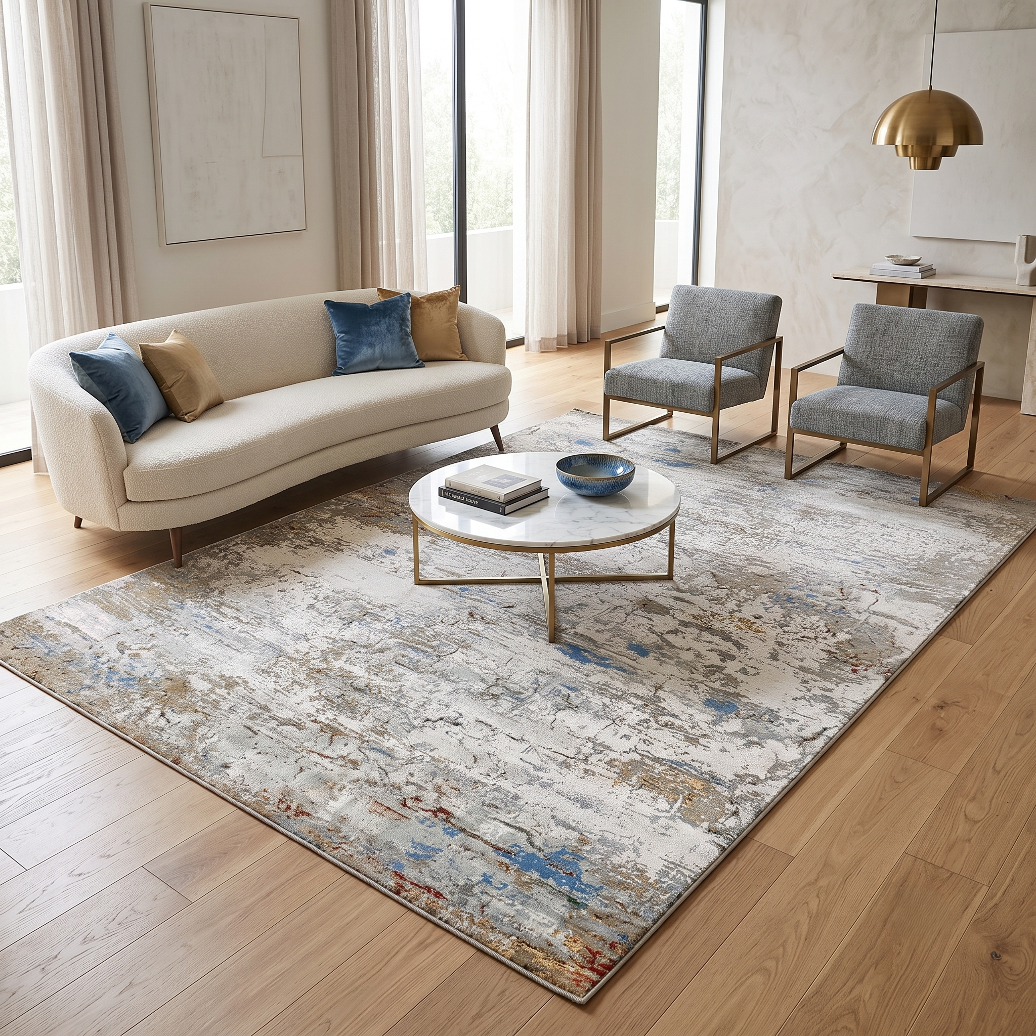 Cloudstone blue abstract hand knotted wool and viscose rug displayed in a modern neutral living room