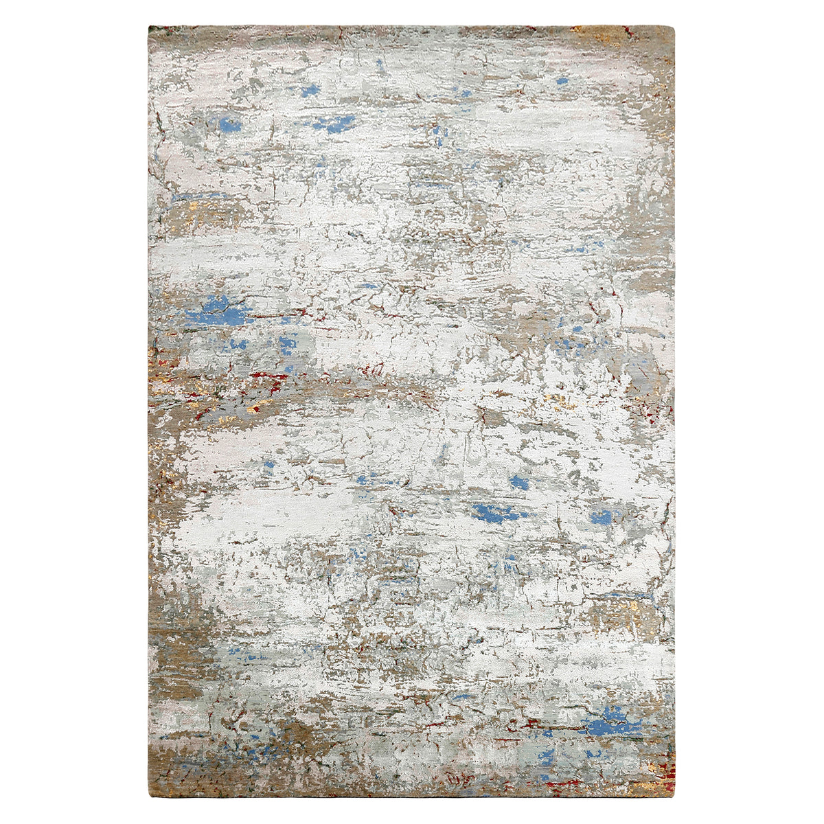 Cloudstone blue abstract hand knotted wool and viscose rug with ivory beige and powder-blue distressed detailing